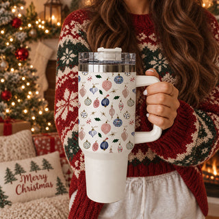 40oz Christmas Tumbler with Handle | Vintage Pink & Blue Ornament Holiday Tumbler | Christmas Gift for Her
Shop this 40oz Christmas tumbler featuring vintage pink and blue ornaments, holly and festive details. A cute holiday tumbler and Christmas gift for women, moms, teachers and vintage Christmas lovers.