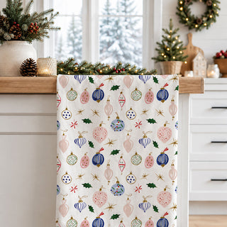minimalist christmas kitchen towel ornament print
clean aesthetic holiday kitchen towel
christmas kitchen towel styled with greenery decor
holiday kitchen towel with pine and berries styling