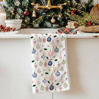 christmas hand towel with colorful ornaments
farmhouse christmas kitchen decor towel
holiday dish towel vintage christmas ornaments
decorative christmas towel for kitchen oven handle
soft cotton christmas kitchen towel ornament print