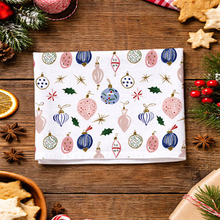 minimalist christmas kitchen towel ornament print
clean aesthetic holiday kitchen towel
christmas kitchen towel styled with greenery decor
holiday kitchen towel with pine and berries styling