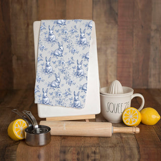 Blue white bunny kitchen towel for Easter entertaining
French toile bunny dish towel cottage grandmother style
Blue Easter rabbit kitchen towel with butterflies florals
Farmhouse kitchen towel set blue white bunny spring