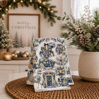 heirloom Christmas kitchen decor
timeless blue holiday kitchen towel
nostalgic blue Christmas kitchen towel
festive Christmas linen with vintage illustrations
decorative Christmas linen with woodland animals
blue holiday towel with reindeer and presents
Christmas kitchen towel with old fashioned charm
traditional Christmas tea towel with blue accents
vintage inspired winter kitchen decor
blue Christmas kitchen towel for seasonal decorating