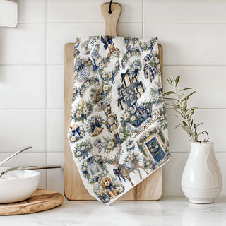 Wholesale Blue and white vintage Christmas kitchen towel with woodland animals, bows and holiday decor
Woman holding blue vintage Christmas kitchen towel in cozy holiday kitchen
Blue Christmas kitchen towel styled with winter greenery, ornaments and vintage holiday decor
