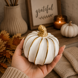 White pumpkins for boho fall home styling
Neutral pumpkin decorations for cozy fall decor
Cream pumpkin accents for autumn decorating
White and gold fall decor pumpkins
Resin pumpkin decorations for seasonal home decor
Ivory pumpkin decor for Thanksgiving table
Cream and gold pumpkin centerpiece
White pumpkin centerpiece for fall table
Elegant Thanksgiving pumpkin decorations
Neutral Thanksgiving decor with pumpkins
Gold accented pumpkins for Thanksgiving