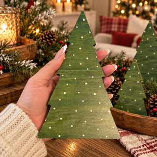 rustic Christmas tree decorations with greenery and red berries
wooden holiday trees displayed on farmhouse table