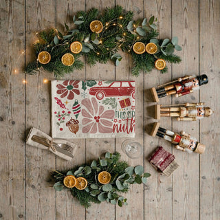 holiday towel styled with wooden utensils boho kitchen
kitchen towel with floral christmas design styled scene
christmas towel styled farmhouse kitchen aesthetic
holiday towel styled with neutral rustic decor