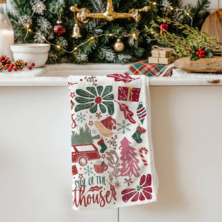 cozy christmas home decor kitchen towel humorous
kitchen towel styled on wooden board holiday decor
rustic christmas kitchen towel funny festive design
christmas kitchen towel flat lay wooden board rustic decor