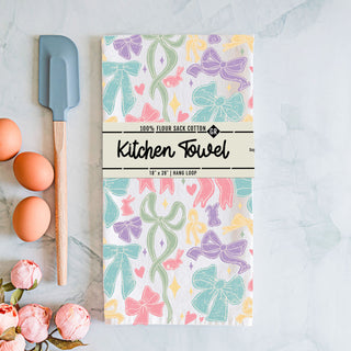 Pastel color palette kitchen towel bow ribbon Easter
Spring color bow kitchen towel bunny heart design
Colorful Easter kitchen towel bow pattern flour sack
Pastel bow bunny kitchen towel with hanging loop