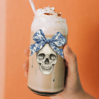 Bulk sophisticated spooky season glass
designer halloween drinkware
blue white skull tumbler set
blue bow skull drinking glass