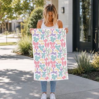 Premium flour sack towel bow bunny pastel design
Multi-color bow kitchen towel spring Easter decor
Pink teal purple bow kitchen towel Easter bunny
Yellow sage green bow dish towel spring pattern