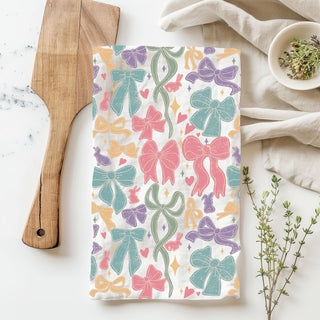 Premium flour sack towel bow bunny pastel design
Multi-color bow kitchen towel spring Easter decor
Pink teal purple bow kitchen towel Easter bunny
Yellow sage green bow dish towel spring pattern