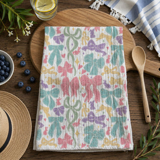 Spring ribbon kitchen towel colorful bow bunny design
Cottagecore Easter towel pastel bows ribbons
Farmhouse bow kitchen towel spring bunny pattern