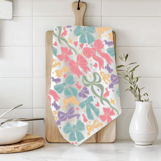 Farmhouse chic ribbon kitchen towel pastel Easter
Whimsical spring kitchen towel colorful bows bunnies
Pastel preppy bow kitchen towel cottage decor
Easter brunch kitchen towel bow ribbon pattern
