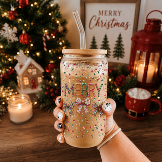 Holiday drinkware gifts glass cup 17oz - Christmas Merry sequin glitter coffee tumbler bamboo lid - Coquette bow accessories
Holiday drinkware glass cup 17oz - Christmas Merry glitter tumbler bamboo lid - Festive coquette bow coffee gift with straw