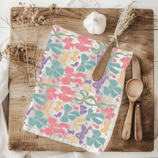 Spring ribbon kitchen towel colorful bow bunny design
Cottagecore Easter towel pastel bows ribbons
Farmhouse bow kitchen towel spring bunny pattern