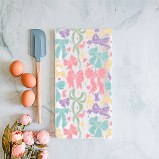 Easter kitchen linen pastel bow ribbon pattern
Whimsical bunny bow kitchen towel spring colors
Preppy pastel bow kitchen towel Easter decor