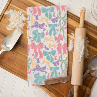 Pastel bow kitchen towel on wooden cutting board spring decor
Easter bunny ribbon pattern flour sack cotton dish towel
Colorful bow kitchen towel farmhouse cottage style