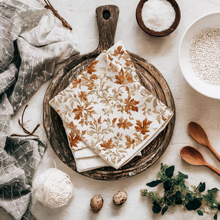 fall table setting with folded autumn leaves cotton towel
autumn kitchen makeover using leaf patterned towels
fall bar cart decor using autumn leaf flour sack towel
fall kitchen decor cotton leaf towel