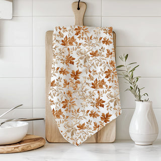 cozy autumn decor idea using leaf dish towel
fall dessert station decorated with leaf kitchen towel
pumpkin and leaf themed fall kitchen towel decor
autumn leaf towel hung 
fall inspired kitchen corner with leaf cotton towel