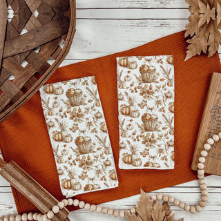 vintage style pumpkin and leaf kitchen towel
pumpkin illustration autumn towel for cozy cottage kitchen
neutral cream and brown pumpkin pattern dish cloth
pumpkin patch themed autumn kitchen linen