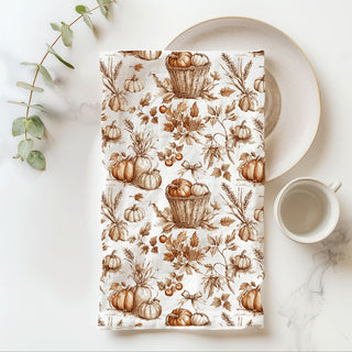 hand drawn pumpkin pattern towel for autumn tablescape
pumpkin and berry cluster dish towel for harvest season
pumpkin fields inspired kitchen towel with vintage art
fall pumpkin kitchen towel paired with copper cookware