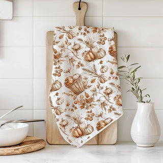 autumn pumpkins flour sack towel hanging on stove
pumpkin patch themed thanksgiving kitchen towel
brown and cream pumpkin print cotton hand towel
fall table styling with pumpkin kitchen towel
