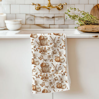 pumpkin harvest fall kitchen towel décor
autumn pumpkins cotton tea towel for rustic kitchen
thanksgiving pumpkin print flour sack dish towel
farmhouse fall pumpkin towel hanging on cabinet handle