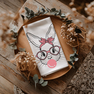 Bubblegum bunny kitchen towel on wooden cutting board
Retro pink heart glasses bunny flour sack dish towel
Modern Easter kitchen towel bubblegum bunny design
Black white pink bunny kitchen towel spring decor