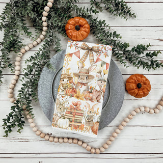 cute rabbit and pumpkin flour sack cotton towel
fall kitchen towel with dressed bunnies and leaves
autumn bunny family tea towel 
thanksgiving bunny dish towel for farmhouse kitchen
woodland animals fall towel with pumpkins