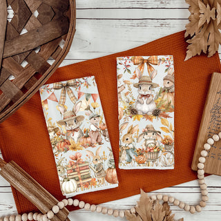 cute bunny kitchen towel for fall décor
autumn rabbit print towel hanging on oven handle
fall bunny and pumpkin hand towel
kids fall kitchen towel with adorable bunnies
autumn harvest bunny towel with plaid bows and banners