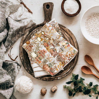 woodland bunny harvest tea towel on rustic wood board
fall bunny family towel for kids bathroom or kitchen
autumn rabbits with scarves and coats kitchen towel
woodland bunny and toadstool fall kitchen linen
autumn bunny towel used as thanksgiving hostess gift in bulk