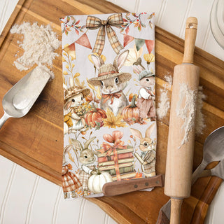 autumn bunny hostess gift cotton kitchen towel
fall farmhouse kitchen decor with bunny flour sack towel
cute bunny and pumpkin thanksgiving hand towel
fall bunny and lantern illustration on flour sack towel
autumn rabbits and books cozy cottage kitchen towel