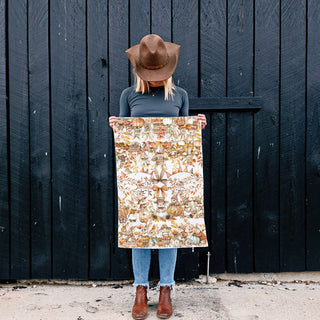 autumn leaves and rabbits print fall dish towel
storybook style bunny kitchen towel for fall season
neutral fall bunny towel for cozy cottage kitchen
fall bunny and stack of books flour sack towel
bunny and pumpkin cart fall towel 