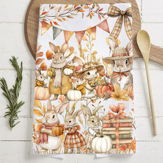 bunny and pumpkin fall towel for coffee bar décor
cozy cottagecore bunny kitchen towel for autumn home
fall rabbit and acorn towel for seasonal cooking and baking
autumn bunnies in coats and scarves cotton dish towel