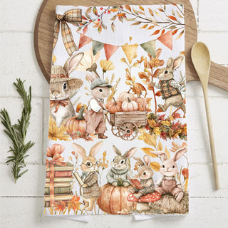 Wholesale fall bunny and pumpkin illustration towel for seasonal decor
adorable bunny fall kitchen towel 
bunny themed thanksgiving kitchen towel with pumpkins and leaves
fall bunny cotton towels modern and cute
cute rabbit and pumpkin illustration towel for fall housewarming gift resaler