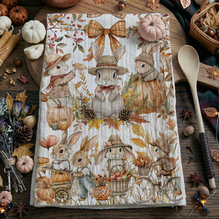 autumn rabbit and white pumpkin kitchen decor towel
pumpkin spice season bunny kitchen towel
fall animal kitchen towel with bunnies and foliage
pumpkin cart bunny cotton towel for autumn housewarming gift
fall bunny and orange plaid bow tea towel