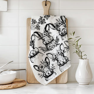 Cottagecore bunny kitchen towel vintage black white Easter
Multiple bunny kitchen towel floral crown farmhouse rustic
Botanical bunny dish towel black white carrot spring design
Vintage Easter kitchen towel bunny floral crown pattern