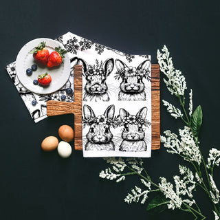 Vintage storybook bunny kitchen towel black white spring
Rustic cottage bunny dish towel botanical floral crown
Farmhouse chic bunny kitchen towel vintage Easter pattern
Country cottage bunny towel black white botanical spring
