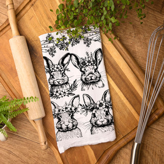 Bunny yearbook style kitchen towel vintage Easter botanical
Garden bunny lineup dish towel farmhouse black white
Bunny party pattern kitchen towel vintage Easter spring
Cottagecore bunny collection towel farmhouse botanical