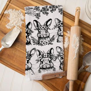 Black white farmhouse bunny kitchen towel Easter botanical
Hand illustrated bunny kitchen towel vintage floral crown
Easter spring bunny dish towel black white carrot design
Botanical bunny pattern kitchen towel vintage farmhouse