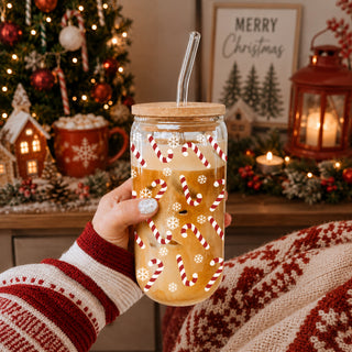 Holiday glass tumbler 17oz - Christmas coffee cup with bamboo lid glass straw - Festive kitchen gifts
Bulk Christmas kitchen gift - candy cane and snowflake glass coffee cup with straw
Holiday glass tumbler cup with bamboo lid and glass straw - festive design