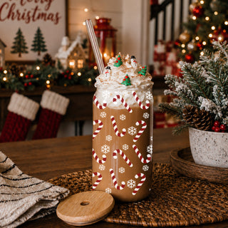 Holiday coffee bar decor – candy cane and snowflake 17oz glass cup
Unique Christmas coffee gift – 17oz glass tumbler with bamboo lid
Candy cane and snowflake coffee tumbler – holiday drinkware gift