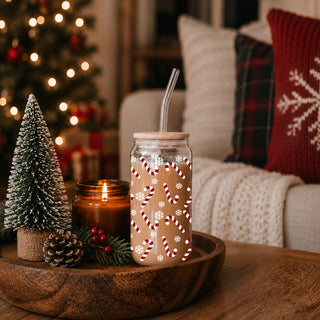 17oz glass Christmas cup with bamboo lid and straw - candy cane and snowflake design
Festive holiday tumbler with bamboo lid - Christmas candy cane glass cup
Christmas drinkware gift - candy cane glass tumbler with snowflake accents