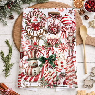 candy cane christmas kitchen towel on wooden board kitchen styling
peppermint holiday dish towel detail red white christmas design
christmas kitchen towel decor in festive holiday home setting