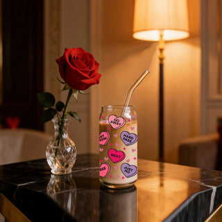 Sarcastic candy hearts glass tumbler for bold humor for resale. 
Naughty candy hearts glass cup for cheeky vibes.
Unique Valentine’s Day gift ideas with modern designs wholesalers USA Wholesale Funny Valentine’s Day glass cup with quirky designs.