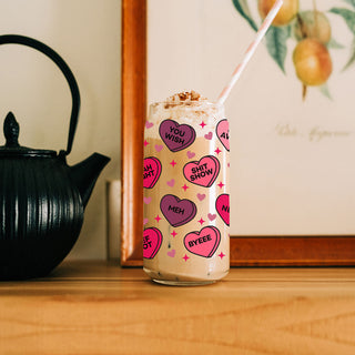 Trendy glass cups for quirky Valentine’s Day celebrations.
Funny and unique Valentine’s glassware gift ideas. Cute and funny Valentine’s Day glass tumblers for her.
Playful Valentine’s drinkware featuring candy hearts.
Humorous Galentine’s coffee mug for girls' night.