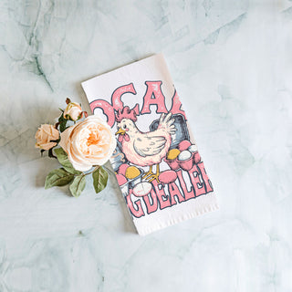 Local egg dealer kitchen towel on wooden cutting board
Funny chicken kitchen towel Easter spring farm humor
Backyard chicken kitchen towel egg dealer design
Farm humor kitchen towel chicken eggs farmhouse decor