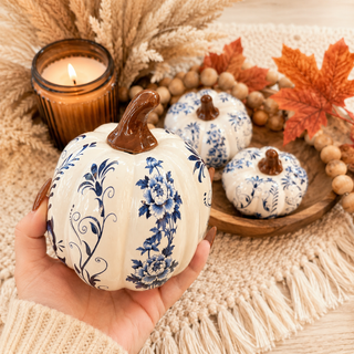 Blue pumpkins with white ceramic finish
White pumpkins with blue floral chinoiserie 
Ceramic pumpkins with chinoiserie floral pattern
Blue and white pumpkins for autumn centerpiece
Chinoiserie pumpkin decor for modern traditional home