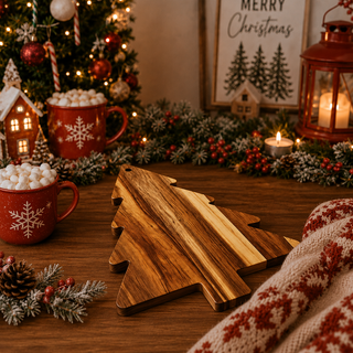 Christmas tree charcuterie board in a cozy holiday kitchen setting
Acacia wood serving board styled for Christmas entertaining
Rustic Christmas kitchen with a wooden tree-shaped serving board
Christmas tree cutting board displayed on a festive holiday table
Holiday charcuterie board surrounded by evergreen branches and lights
Wooden Christmas serving board in a warm farmhouse kitchen
Christmas tree food platter styled with rustic holiday decorations