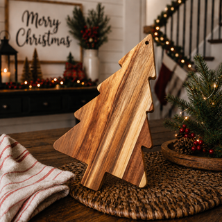Tree-shaped charcuterie board in a rustic Christmas tablescape
Wooden Christmas food board with traditional red and green décor
Holiday grazing board displayed in a cozy farmhouse kitchen
Christmas tree cutting board styled for seasonal home entertaining
Festive wooden serving board beside a mug of hot chocolate
Acacia wood Christmas platter with rustic woodland decorations
Holiday snack board displayed on a wooden farmhouse table in bulk